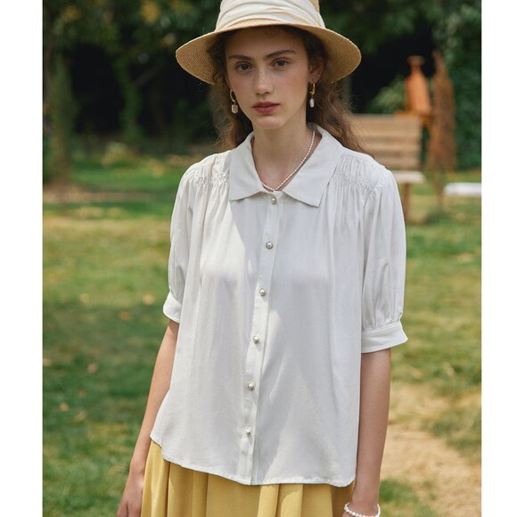 Simple Retro Ursula French Puff Sleeve Button Up Blouse L - Picture 2 of 14